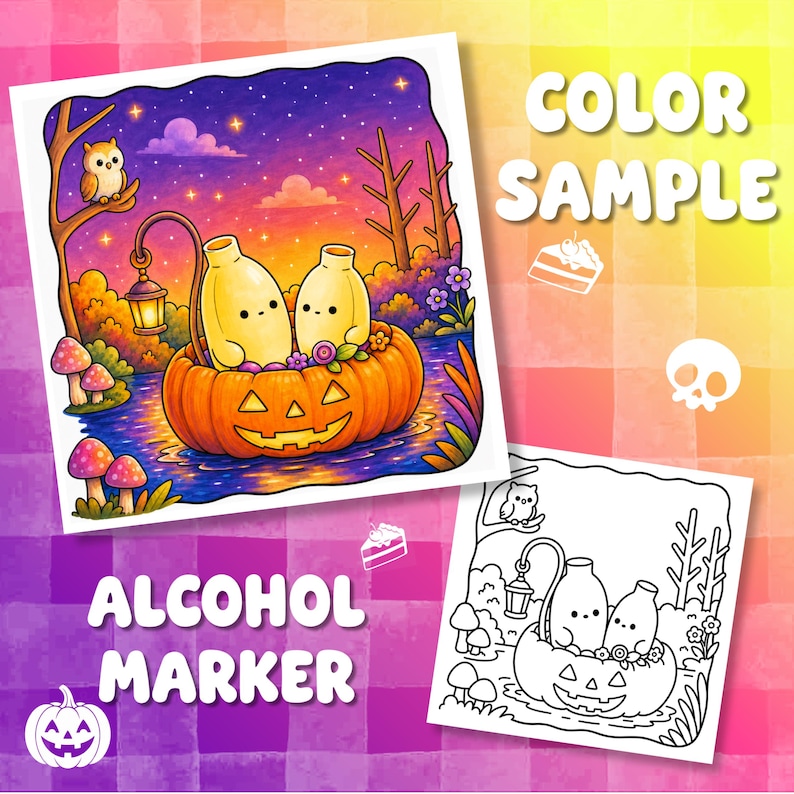 May include: A digital illustration and a black and white line art version of two small, light yellow, round characters sitting inside a carved orange pumpkin on water. The scene includes a glowing lantern, an owl, mushrooms, and a starry sky.