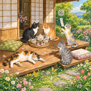 May include: A watercolor illustration of five cats on a wooden porch. One cat sleeps, one sits, one stands, and two sit by a tea set with a teapot and two cups. A glass wind chime hangs nearby, and a garden with flowers and butterflies is visible.