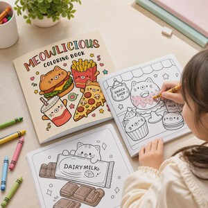 May include: A square coloring book titled MEOWLICIOUS COLORING BOOK featuring illustrations of a cat-themed burger, fries, pizza, and drink. Another open coloring book shows a cat-themed donut, cupcake, and macaron, plus a page with a cat and chocolate bar.