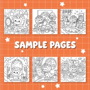 May include: A collection of six black and white coloring book pages featuring cute cartoon animals, including lions and monkeys, in various scenes. The words "SAMPLE PAGES" are displayed in large, white letters on an orange background with white stars.