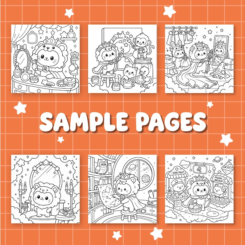 May include: A collection of six black and white coloring book pages featuring cute cartoon animals, including lions and monkeys, in various scenes. The words "SAMPLE PAGES" are displayed in large, white letters on an orange background with white stars.