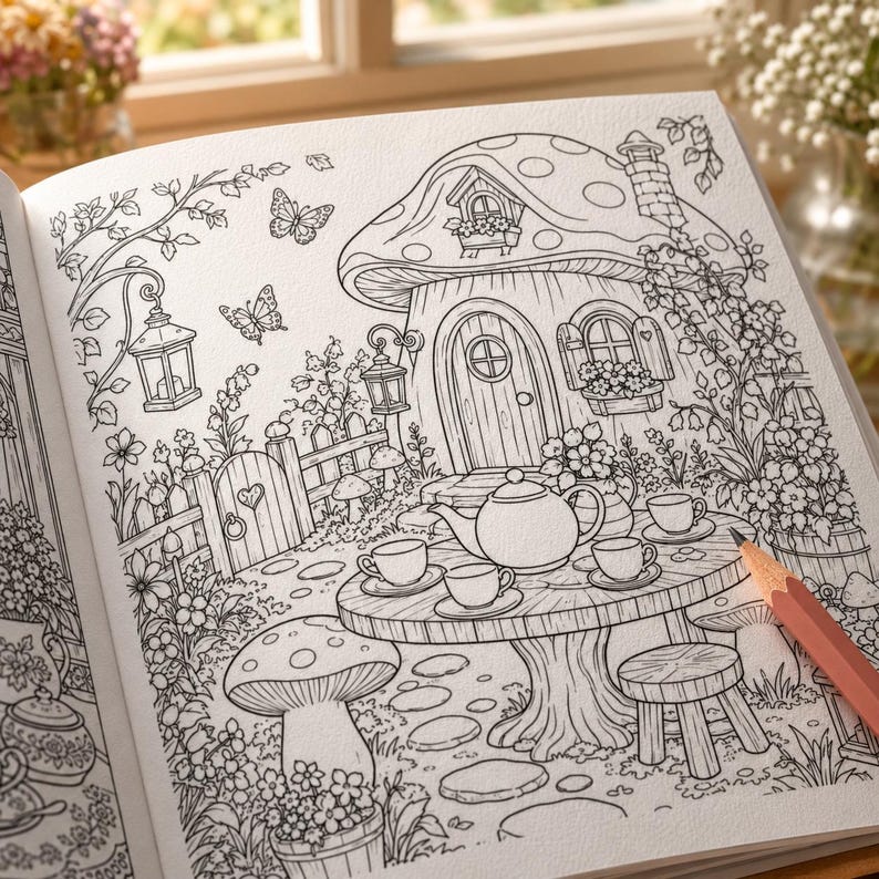 20+ Printable Cottagecore Coloring Pages for Adults, Printable Cozy Floral Tea Party, Instant Download image 10