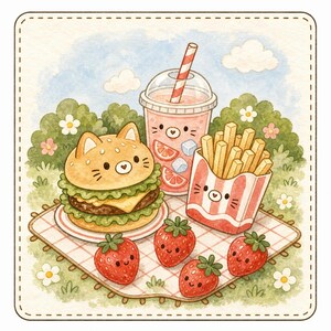 May include: A watercolor illustration of a picnic featuring a cat-shaped burger, a cup of pink drink with a striped straw, a carton of french fries, and four smiling strawberries on a checkered blanket against a background of green bushes.