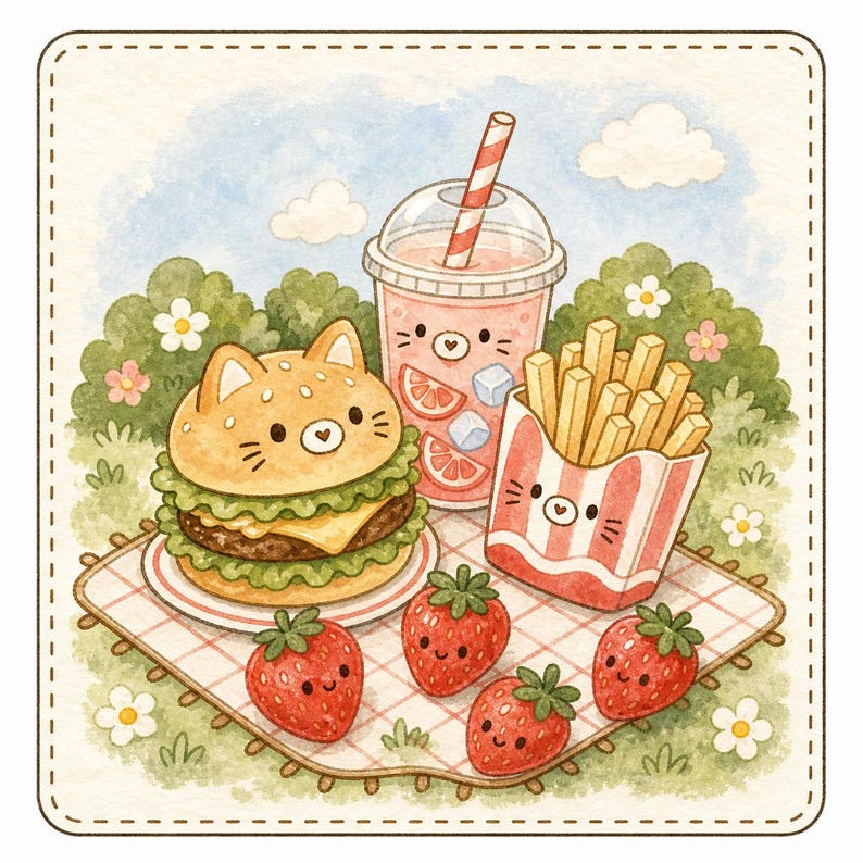 May include: A watercolor illustration of a picnic featuring a cat-shaped burger, a cup of pink drink with a striped straw, a carton of french fries, and four smiling strawberries on a checkered blanket against a background of green bushes.