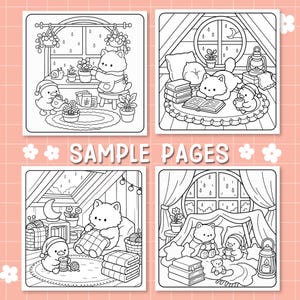 May include: Four black and white coloring book pages featuring a cat and a duck character in cozy indoor settings. The scenes include gardening, reading books, knitting, and sitting in a blanket fort, all with the text SAMPLE PAGES in the center.