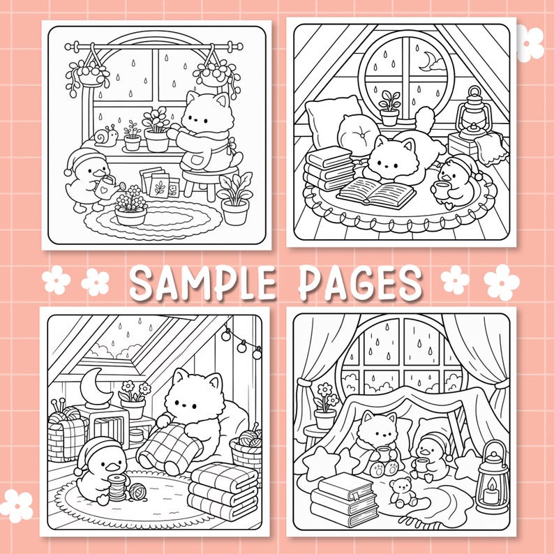 May include: Four black and white coloring book pages featuring a cat and a duck character in cozy indoor settings. The scenes include gardening, reading books, knitting, and sitting in a blanket fort, all with the text SAMPLE PAGES in the center.