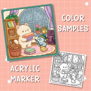 May include: A digital illustration featuring a white fluffy creature holding folded blankets and a small blue penguin sweeping with a broom in a cozy room with a bookshelf, window, and rug. The text reads COLOR SAMPLES and ACRYLIC MARKER.
