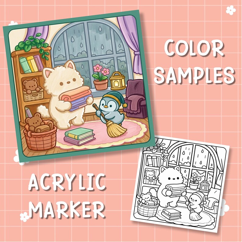 May include: A digital illustration featuring a white fluffy creature holding folded blankets and a small blue penguin sweeping with a broom in a cozy room with a bookshelf, window, and rug. The text reads COLOR SAMPLES and ACRYLIC MARKER.