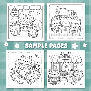 May include: Four black and white coloring pages featuring cat-themed food and shops. Top left shows a snack shop with a donut, cupcake, and milk. Top right shows cat-shaped food in a bowl. Bottom left shows a cat in a teacup. Bottom right shows a tiny snack shop with a burger, fries, and pizza.