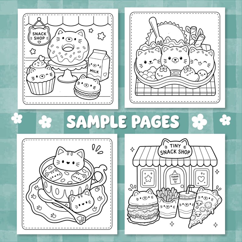 May include: Four black and white coloring pages featuring cat-themed food and shops. Top left shows a snack shop with a donut, cupcake, and milk. Top right shows cat-shaped food in a bowl. Bottom left shows a cat in a teacup. Bottom right shows a tiny snack shop with a burger, fries, and pizza.