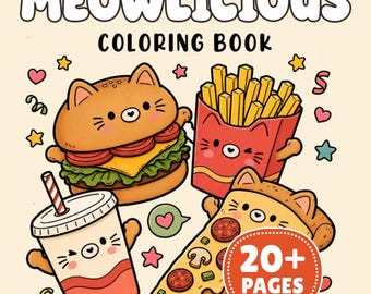 30 páginas para colorir imprimíveis com gatinhos fofos e kawaii, livro de colorir de comidas, download instantâneo