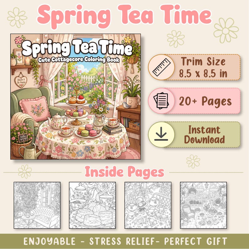 May include: A Spring Tea Time coloring book with a cover illustration of a tea table, armchair, and garden view. The book features a trim size of 8.5 x 8.5 inches, 20+ pages, and is available for instant download. Includes four black and white line art pages.
