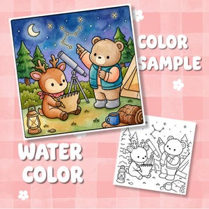 Puede incluir: Una ilustraci&oacute;n en acuarela que muestra a un oso y un ciervo acampando bajo un cielo estrellado. El oso se&ntilde;ala una constelaci&oacute;n mientras el ciervo dibuja en un cuaderno. Se ven un telescopio, una linterna y una tienda. Incluye una versi&oacute;n de l&iacute;nea.