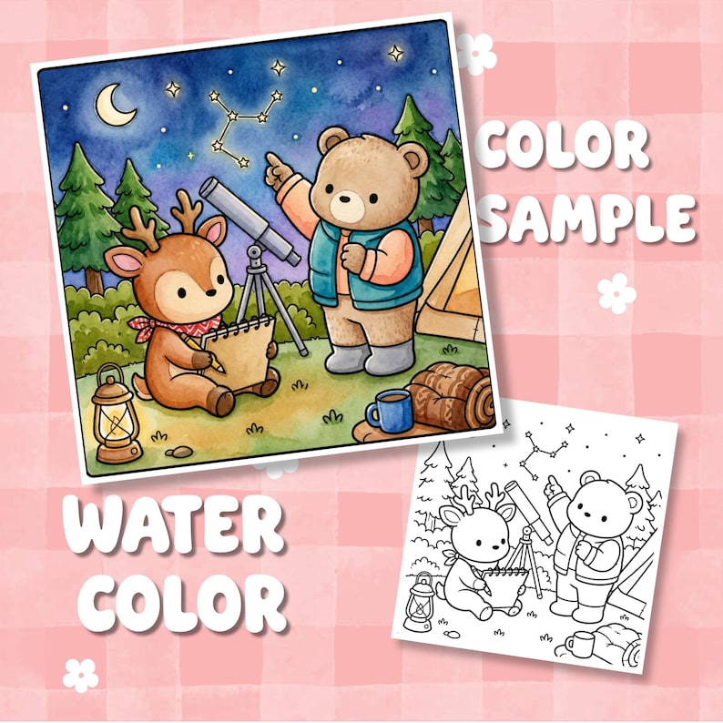 Puede incluir: Una ilustraci&oacute;n en acuarela que muestra a un oso y un ciervo acampando bajo un cielo estrellado. El oso se&ntilde;ala una constelaci&oacute;n mientras el ciervo dibuja en un cuaderno. Se ven un telescopio, una linterna y una tienda. Incluye una versi&oacute;n de l&iacute;nea.