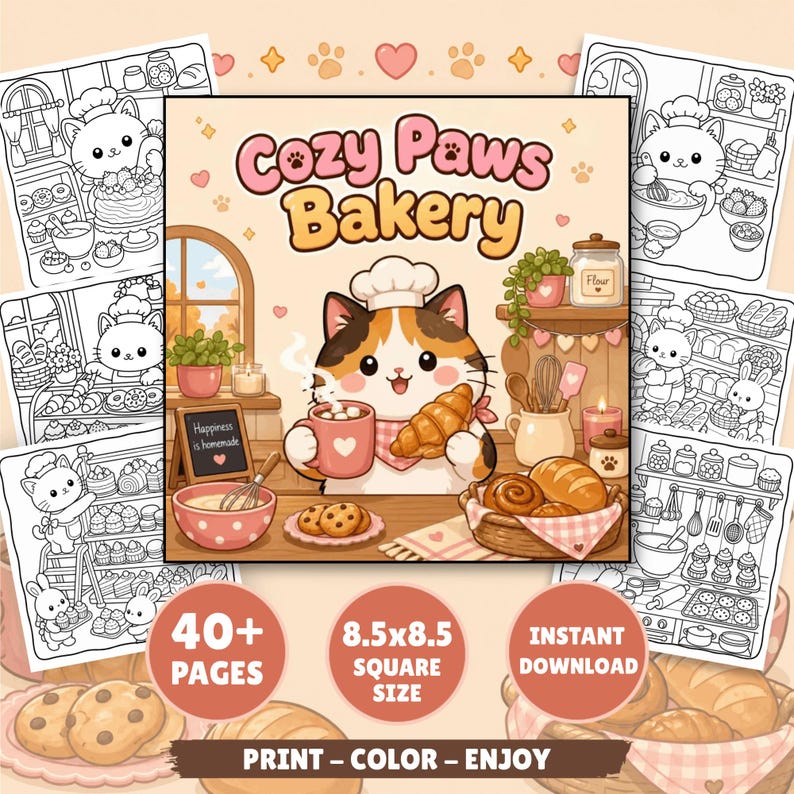 May include: A digital coloring book titled Cozy Paws Bakery featuring a calico cat wearing a chef hat, holding a mug and croissant in a kitchen. The cover displays 40+ pages, 8.5x8.5 inch square size, and instant download text. Includes various black and white line art pages.