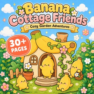 以下が含まれることがあります： 「Banana Cottage Friends Cozy Garden Adventures」というタイトルの30ページ以上の塗り絵の表紙。バナナの形をした家と、その周りに咲く花々、そして4体の小さな黄色い擬人化されたバナナのキャラクターが描かれています。
