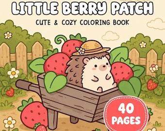 Printable Cottagecore Strawberry Garden Coloring Pages,  Kawaii Hedgehog, Adults and Kids Colouring book.