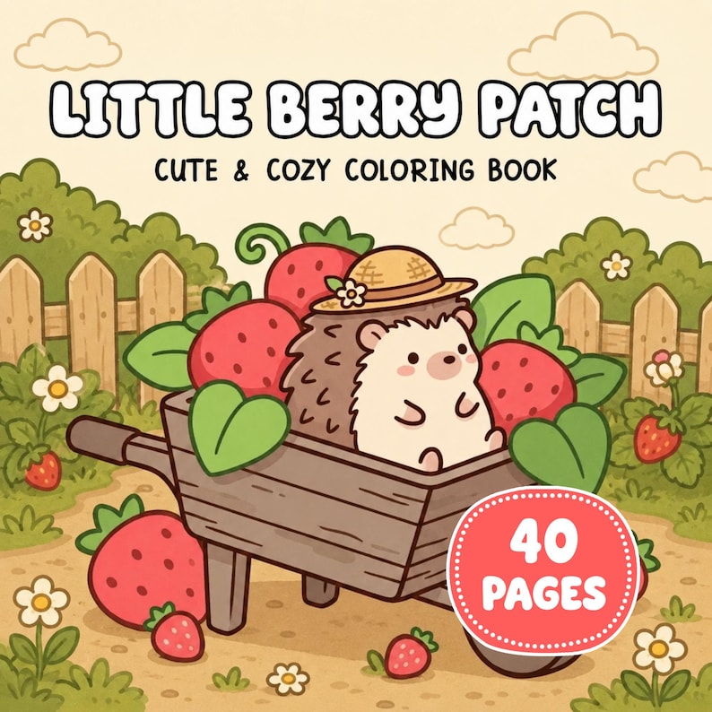 May include: A colouring book titled Little Berry Patch Cute & Cozy Colouring Book featuring a cartoon hedgehog wearing a straw hat inside a wooden wheelbarrow filled with red strawberries in a garden setting with a wooden fence and 40 pages text.