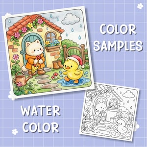 May include: A coloring page set featuring a watercolor illustration and a black and white line art version. The scene depicts a white cat in a yellow raincoat holding an umbrella and a yellow duck in a red hat standing in a rainy garden.