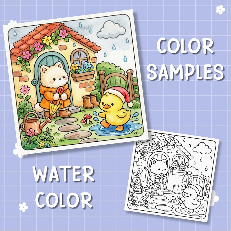 May include: A coloring page set featuring a watercolor illustration and a black and white line art version. The scene depicts a white cat in a yellow raincoat holding an umbrella and a yellow duck in a red hat standing in a rainy garden.