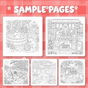 May include: A coloring book page set featuring five distinct black and white line art illustrations of cats in various settings, including a hot spring, a market stall, a boat, a picnic, and a procession, with the text SAMPLE PAGES.