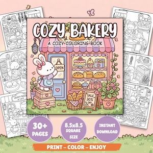 Puede incluir: Un libro para colorear titulado Cozy Bakery A Cozy Coloring Book con una panader&iacute;a rosa, un conejo blanco, pasteles en el escaparate, un cartel de oferta, 30+ p&aacute;ginas, formato cuadrado de 21,6x21,6 cm, descarga instant&aacute;nea.