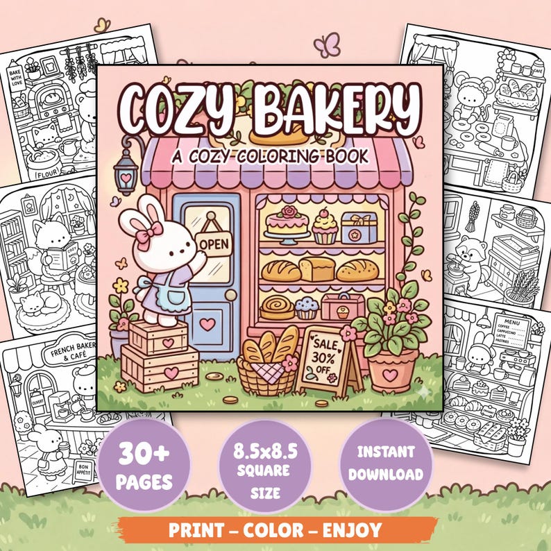Puede incluir: Un libro para colorear titulado Cozy Bakery A Cozy Coloring Book con una panader&iacute;a rosa, un conejo blanco, pasteles en el escaparate, un cartel de oferta, 30+ p&aacute;ginas, formato cuadrado de 21,6x21,6 cm, descarga instant&aacute;nea.