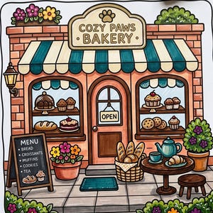 May include: A colored illustration of a bakery storefront named Cozy Paws Bakery with a brick facade, striped awning, and display windows filled with baked goods. A menu board lists bread, croissants, muffins, cookies, and tea near a small table.