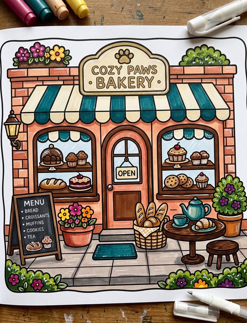 May include: A colored illustration of a bakery storefront named Cozy Paws Bakery with a brick facade, striped awning, and display windows filled with baked goods. A menu board lists bread, croissants, muffins, cookies, and tea near a small table.