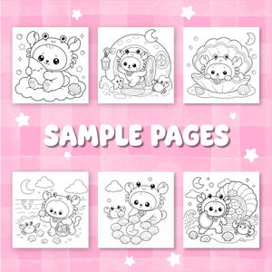 May include: Six black and white colouring pages featuring a character wearing a crab costume in various settings, including a cloud, a shell house, a giant seashell, a beach, and surrounded by sea life, with the text SAMPLE PAGES in the centre.