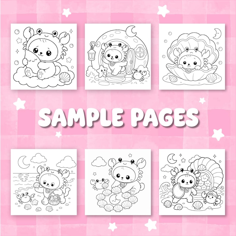 May include: Six black and white colouring pages featuring a character wearing a crab costume in various settings, including a cloud, a shell house, a giant seashell, a beach, and surrounded by sea life, with the text SAMPLE PAGES in the centre.