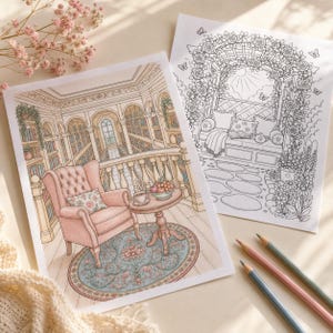 May include: Two coloring book pages featuring detailed illustrations. One depicts a cozy library scene with a pink armchair, a small table, and a patterned rug. The other shows a garden scene with a floral archway and a bench. Colored pencils are visible.