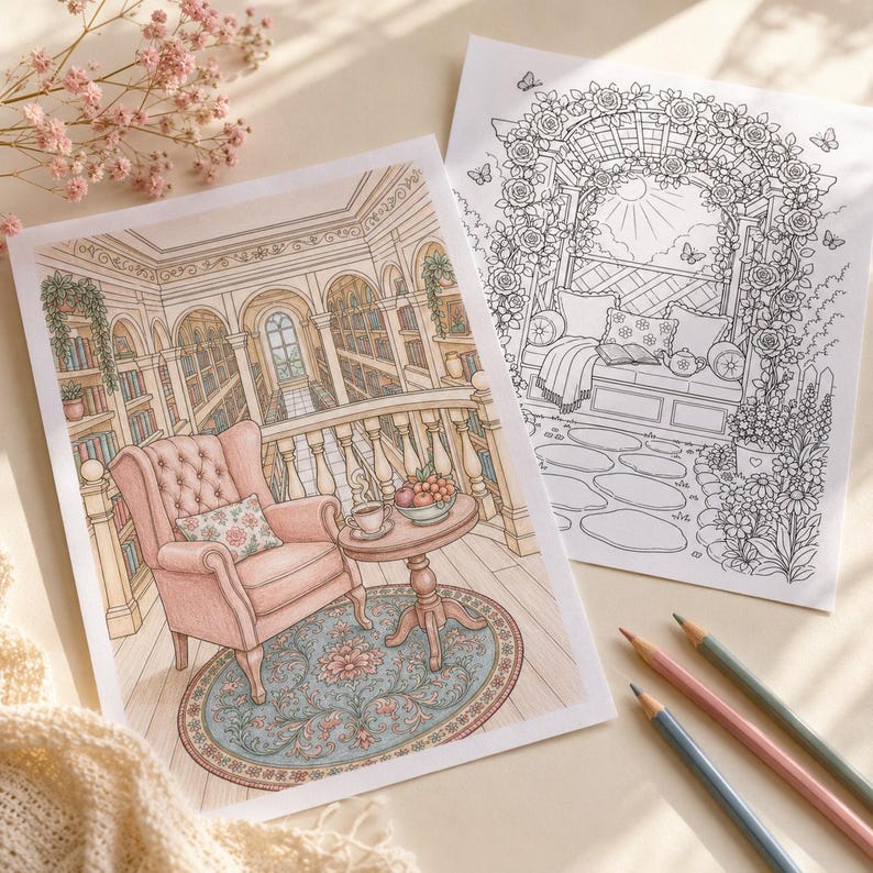 May include: Two coloring book pages featuring detailed illustrations. One depicts a cozy library scene with a pink armchair, a small table, and a patterned rug. The other shows a garden scene with a floral archway and a bench. Colored pencils are visible.