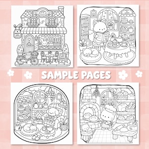 Puede incluir: Cuatro p&aacute;ginas para colorear en blanco y negro con animales antropom&oacute;rficos en escenas de panader&iacute;a y hogar. Las ilustraciones incluyen un escaparate, un zorro leyendo, un perro en una sala y un gato horneando pan, con el texto SAMPLE PAGES.