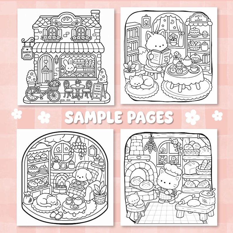Puede incluir: Cuatro p&aacute;ginas para colorear en blanco y negro con animales antropom&oacute;rficos en escenas de panader&iacute;a y hogar. Las ilustraciones incluyen un escaparate, un zorro leyendo, un perro en una sala y un gato horneando pan, con el texto SAMPLE PAGES.