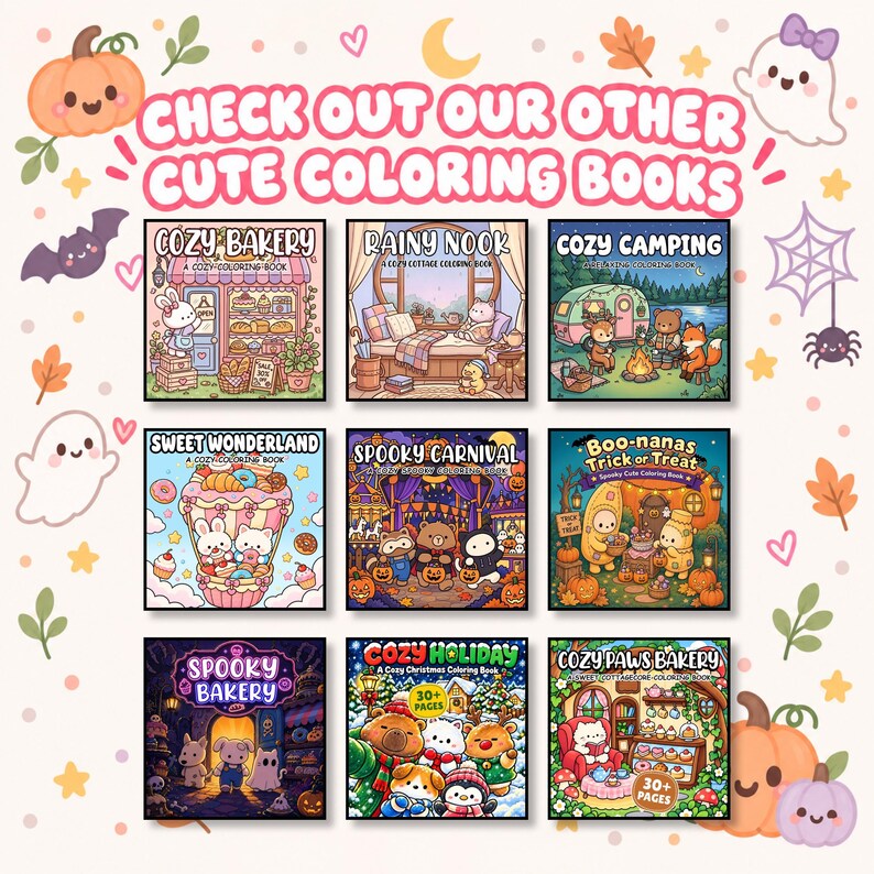 May include: A collection of nine square coloring books featuring illustrations of bakeries, camping, carnivals, and holiday themes. The text reads: CHECK OUT OUR OTHER CUTE COLORING BOOKS. The covers display colorful cartoon animals and seasonal motifs.