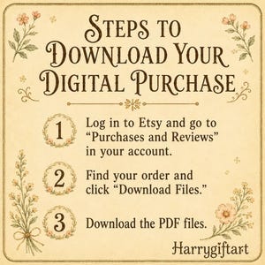 Peut inclure: Un guide de style vintage intitul&eacute; "&Eacute;tapes pour t&eacute;l&eacute;charger votre achat num&eacute;rique". Il explique comment t&eacute;l&eacute;charger des fichiers depuis Etsy, notamment se connecter, trouver la commande et t&eacute;l&eacute;charger les fichiers PDF. Des motifs floraux et le nom de la boutique "Harrygiftart" sont &eacute;galement pr&eacute;sents.