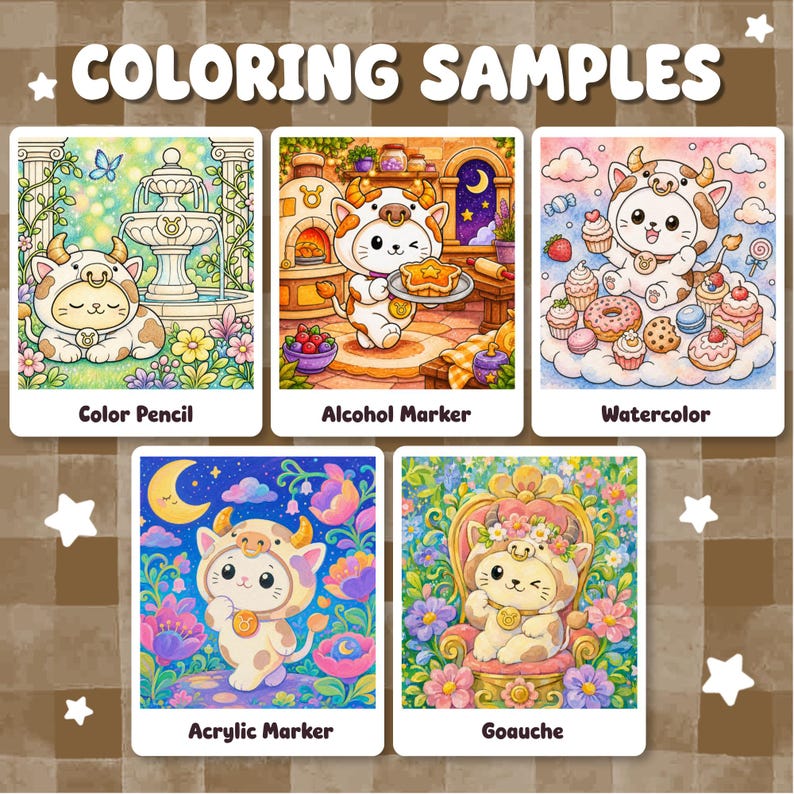 May include: A display of five coloring samples featuring a character in a cow costume. The images are labeled Color Pencil, Alcohol Marker, Watercolor, Acrylic Marker, and Gouache. The text COLORING SAMPLES is at the top of the brown checkered background.