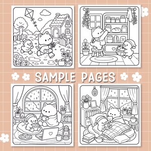 May include: Four square black and white coloring pages featuring cartoon animals in various settings, including a garden with a kite, a kitchen pantry, a rainy indoor scene with a laptop, and a cozy bedroom, labeled with the text SAMPLE PAGES.
