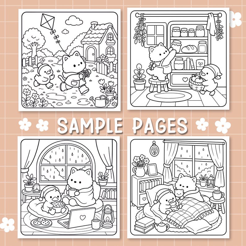 May include: Four square black and white coloring pages featuring cartoon animals in various settings, including a garden with a kite, a kitchen pantry, a rainy indoor scene with a laptop, and a cozy bedroom, labeled with the text SAMPLE PAGES.