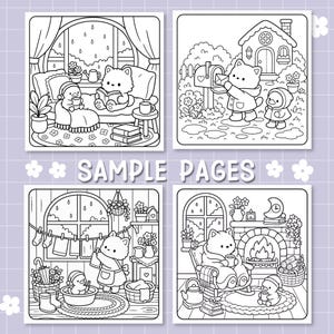 May include: Four black and white coloring book pages featuring anthropomorphic animals in cozy scenes. The text SAMPLE PAGES is centered between the illustrations. Scenes include a rainy day indoors, checking mail, doing laundry, and sitting by a fireplace.