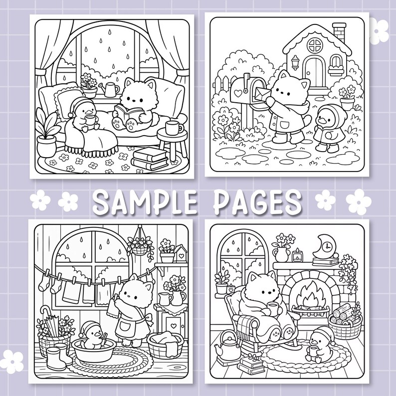 May include: Four black and white coloring book pages featuring anthropomorphic animals in cozy scenes. The text SAMPLE PAGES is centered between the illustrations. Scenes include a rainy day indoors, checking mail, doing laundry, and sitting by a fireplace.