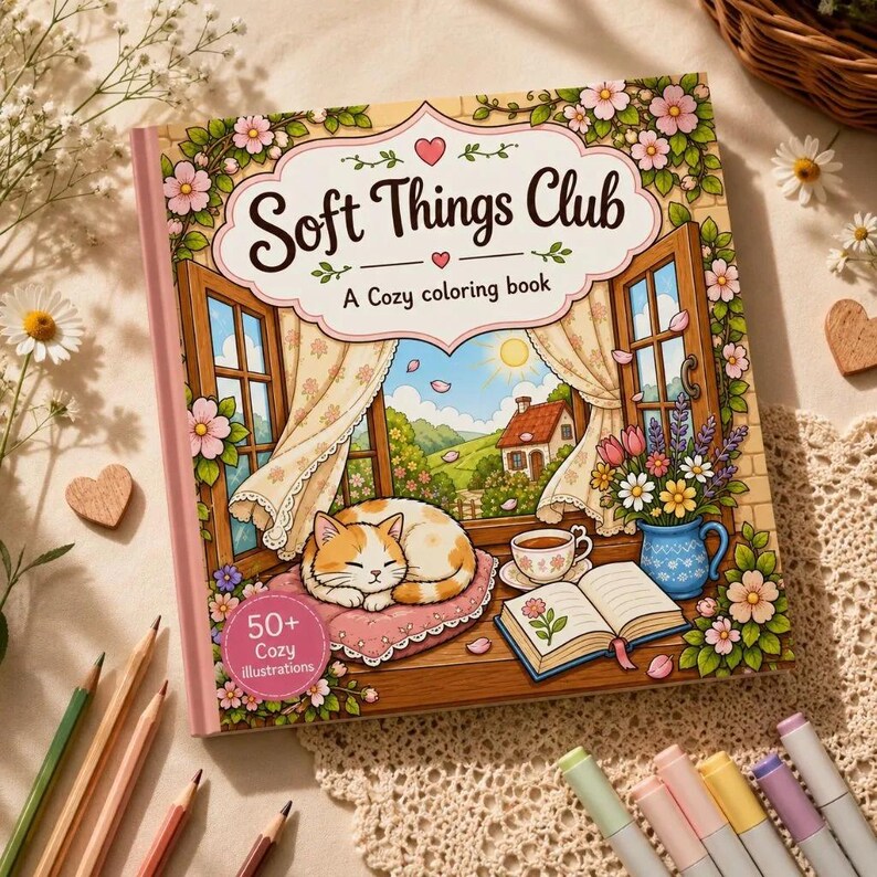 Peut inclure: Un livre de coloriage intitul&eacute; "Soft Things Club" avec une illustration chaleureuse d'un chat dormant pr&egrave;s d'une fen&ecirc;tre. La couverture pr&eacute;sente des motifs floraux et le texte "A Cozy coloring book" et "50+ Cozy illustrations". Des crayons de couleur et des marqueurs sont dispos&eacute;s autour du livre.
