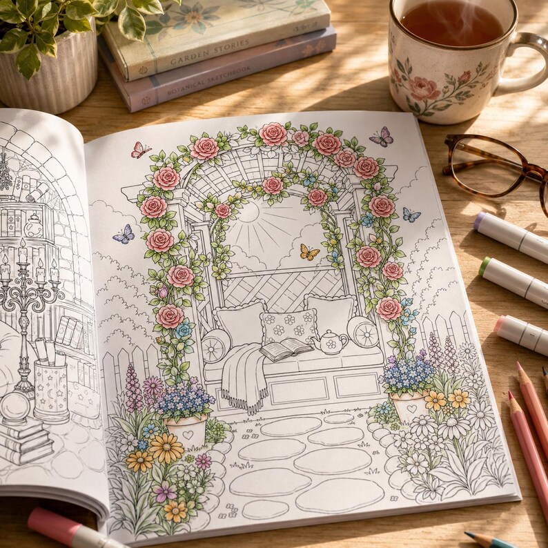 May include: An open coloring book featuring a detailed garden scene with a rose-covered arbor, butterflies, and a bench. The scene is surrounded by flowers and stone pathways. A cup of tea, books, and coloring supplies are also present.