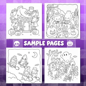 May include: Four black and white coloring pages featuring cute characters in Halloween costumes. The scenes include a house with a BOO banner, characters carving pumpkins, flying on broomsticks, and a graveyard with a tombstone marked RIP.