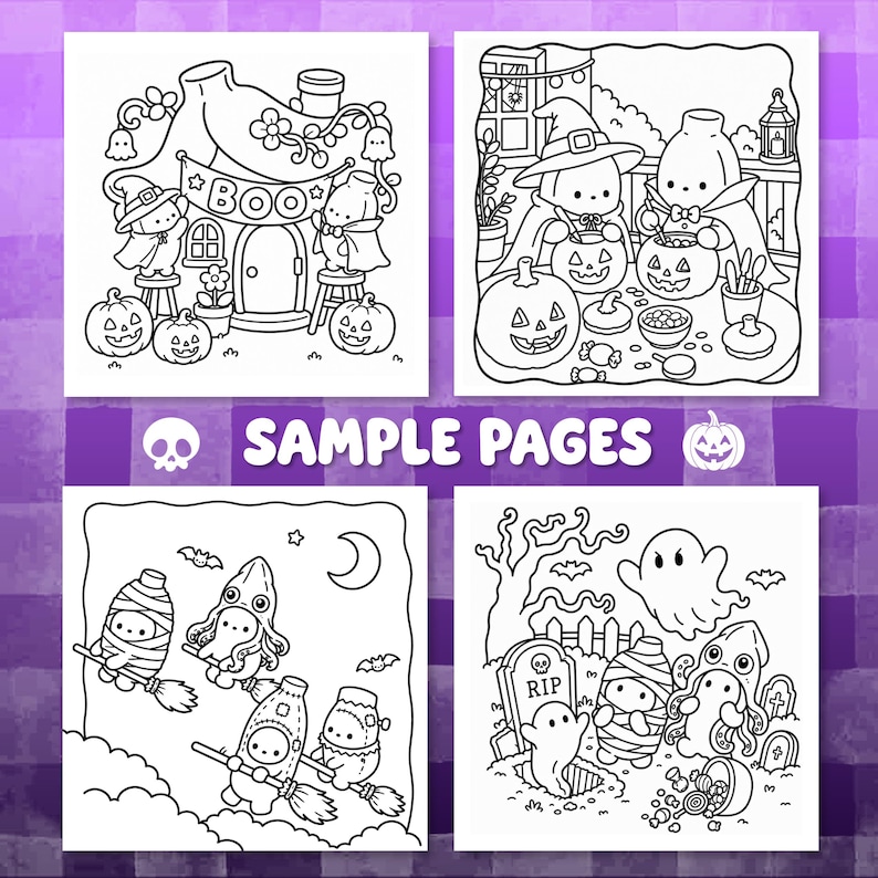 May include: Four black and white coloring pages featuring cute characters in Halloween costumes. The scenes include a house with a BOO banner, characters carving pumpkins, flying on broomsticks, and a graveyard with a tombstone marked RIP.
