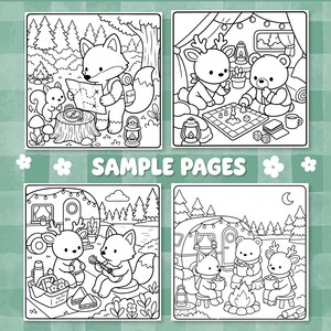 Puede incluir: Cuatro p&aacute;ginas de libro para colorear en blanco y negro con animales del bosque en escenas de camping. Las ilustraciones muestran un zorro con un mapa, un ciervo y un oso jugando un juego de mesa, un picnic y animales junto a una fogata.