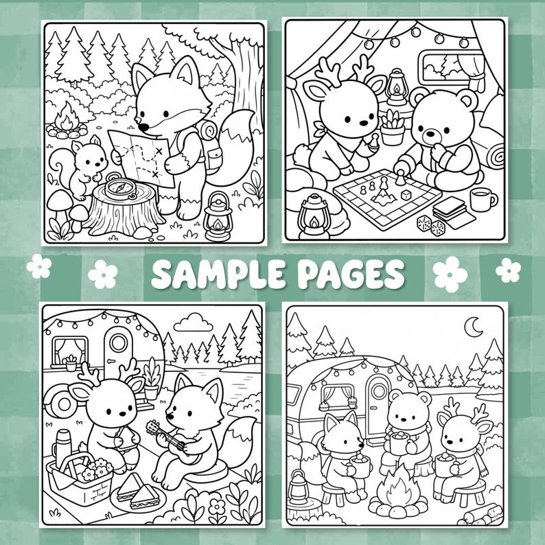 Puede incluir: Cuatro p&aacute;ginas de libro para colorear en blanco y negro con animales del bosque en escenas de camping. Las ilustraciones muestran un zorro con un mapa, un ciervo y un oso jugando un juego de mesa, un picnic y animales junto a una fogata.