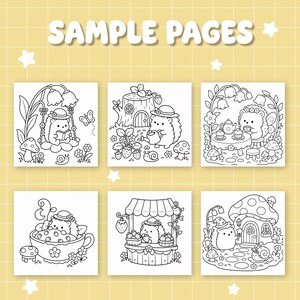 May include: Six black and white colouring pages featuring hedgehogs in various settings, including reading under flowers, gardening, having tea, sitting in a teacup, at a fruit stand, and near a mushroom house. The text SAMPLE PAGES is at the top.