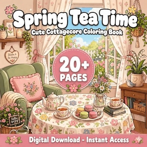Può includere: Una copertina di un libro da colorare intitolata Spring Tea Time Cute Cottagecore Coloring Book con 20+ pagine. L'illustrazione mostra una poltrona verde, un tavolo rotondo con una tovaglia floreale, una teiera, tazze da tè, macaron e fiori. Download digitale.